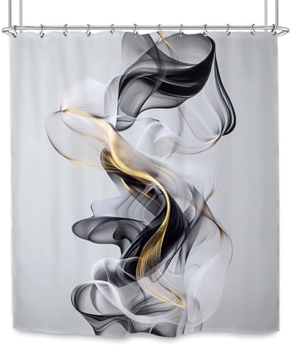 Abstract Modern Minimalist Shower Curtain 60Wx72L Inch Black Gold Gray Neutral Contemporary Art Aesthetic Bathroom Set Accessories Decor with 12 Pack Hooks
