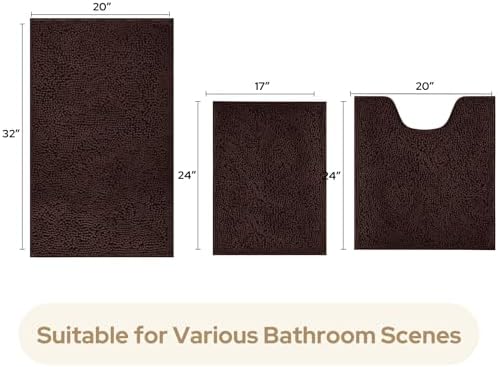 HOMEIDEAS Brown Chenille Bathroom Rugs Set of 3, Non Slip Bath Mat