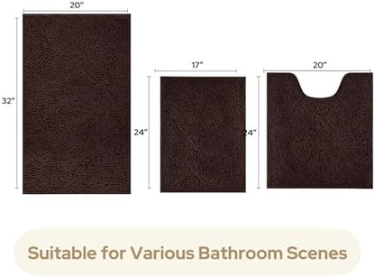 HOMEIDEAS Brown Chenille Bathroom Rugs Set of 3, Non Slip Bath Mat