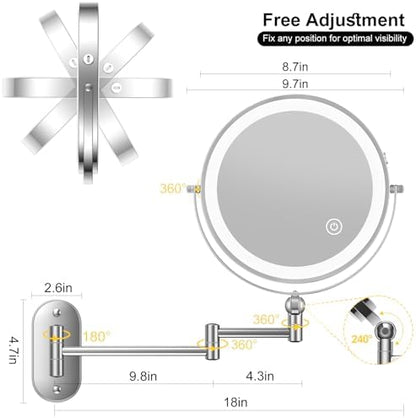 9" Wall Mounted Lighted Makeup Mirror,4000mAh Rechargeable Double Sided 1X/10X Magnifying Mirror with Light,3 Color Lights,Touch Dimmable,Extended Arm 360 Rotation Wall Mounted Makeup Mirror