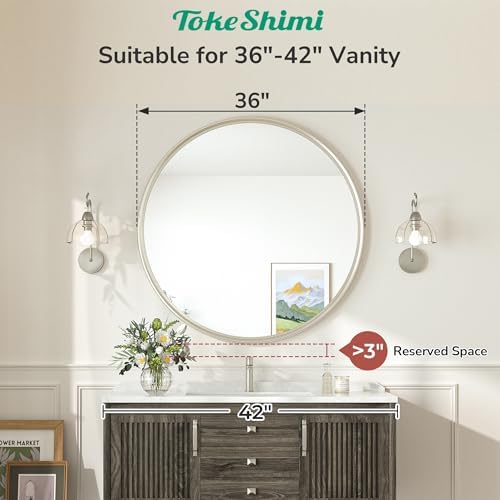 TokeShimi 36 in Round Brushed Nickel Mirror, Tempered Shatterproof Circle Wall Mirror, Farmhouse Metal Mirrored for Restroom, Entryway, Bedroom, Vanity, Living Room