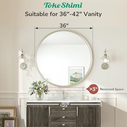 TokeShimi 36 in Round Brushed Nickel Mirror, Tempered Shatterproof Circle Wall Mirror, Farmhouse Metal Mirrored for Restroom, Entryway, Bedroom, Vanity, Living Room