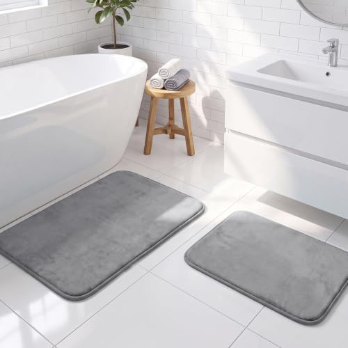 H.VERSAILTEX Bath Mat Memory Foam Set Bathroom Rug Set Flannel Velvety Bath Mat Luxury Extra Soft and Absorbent Non Slip Rugs for Bathroom/Bedroom Washable(2 Pack- 20"x 32"/ 17"x 24", Grey)