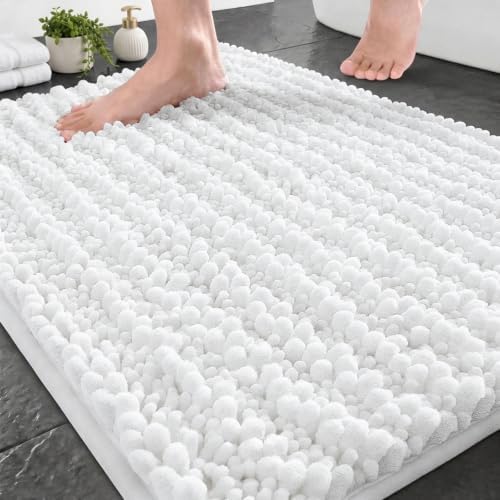 Disolla White Bathroom Rug 20x32 Inch - Luxury Chenille Bath Mat, Thick Shaggy Plush Absorbent Rug, Non-Slip Machine Washable Mats for Bathroom Floor & Decor