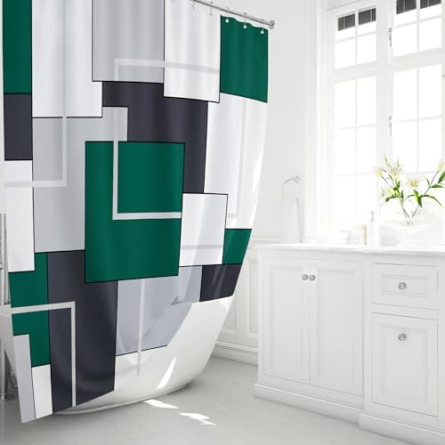 BTTN Emerald Green Modern Geometric Waterproof Shower Curtain Set, 72 x 72