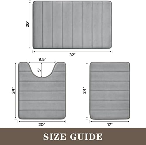 BYSURE Grey Memory Foam Bathroom Rug Set 3 Piece, Non Slip Extra Soft Absorbent Bath Mats, Machine Washable & Dry Toilet Mat Sets for Bathroom Floor