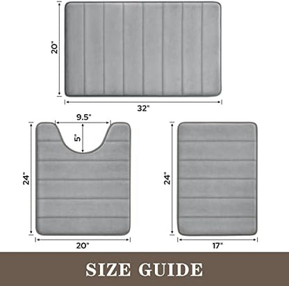 BYSURE Grey Memory Foam Bathroom Rug Set 3 Piece, Non Slip Extra Soft Absorbent Bath Mats, Machine Washable & Dry Toilet Mat Sets for Bathroom Floor