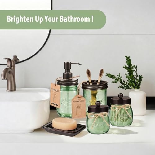SheeChung Mason Jar Bathroom Accessories Set, 6Pcs Green Glass Bathroom Set