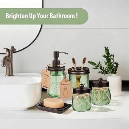 SheeChung Mason Jar Bathroom Accessories Set, 6Pcs Green Glass Bathroom Set