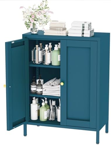 YAUWOH Metal Bathroom Storage Cabinet,Bathroom Floor Storage Cabinet with 2 Adjustable Shelves and 2 Doors,Freestanding Sideboard for Small Spaces, Living Room, Home Office, Dining Room