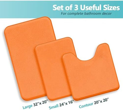 Orange Memory Foam Bath Mat Set Extra Soft Bathroom Rugs 3 Piece Non Slip Absorbent & Dry Living Mat Sets Washable Bath Carpets with Toilet Rug,Bath Rugs for Bathroom,Tub,Shower,Kitchen,Bedroom
