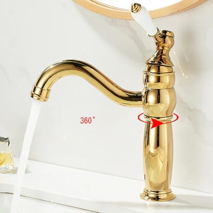 360° Rotatable Vintage Brass Bathroom Faucet - Short Single Handle Mixer Tap - Golden Sink Mixer for Kitchen & Bathroom, Stylish & Design