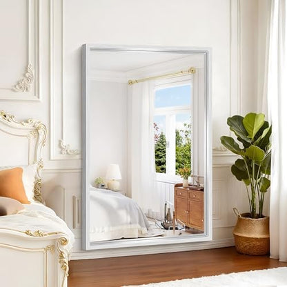 60 x 40 inch Brushed Silver Bathroom Mirror, Large Metal Framed Rectangle Mirror, 0.6" Thickened Deep Frame Mirrors for Living Room Bedroom, Tempered Glass, Antirust, Horizontal or Vertical