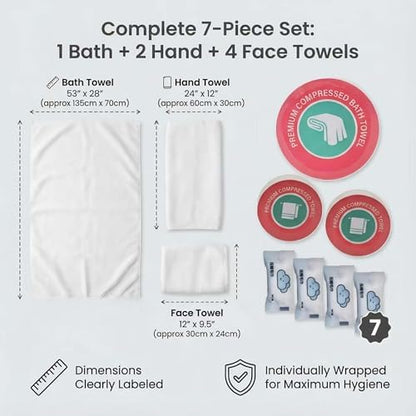 7-Pack Lightweight Disposable Compressed Travel Towel Set, 3 Sizes