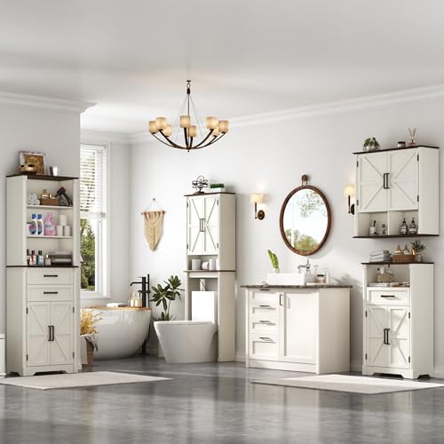 Farmhouse Bathroom Storage Cabinet,Double Wooden Bathroom Wall Cabinet with Roman Column Decor, Farmhouse Medicine Cabinets w Barn Doors,Storage Cabinets Wall Mounted for Kitchen(Rustic White)
