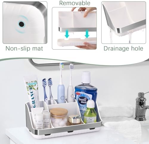 GFWARE Toothbrush Holders for Bathrooms Countertop Organizer - Kids Electric Toothbrush and Toothpaste Holder Detachable 7 Slots Tooth Brush Organization Bathroom Accessories Storage Vanity, Silver