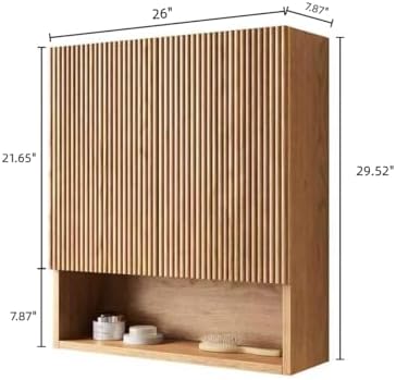 USHOWER Natural Bathroom Wall Cabinet with Fluted Doors & Open Shelf
