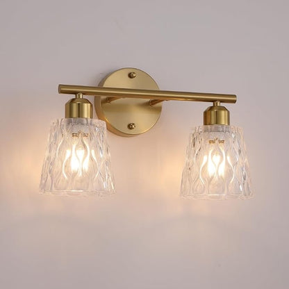 Brushed Gold Bathroom Vanity Light Over Mirror, 2-Light Stainless Steel Wall Mount Fixture with Textured Glass Shades, Modern Vanity Lighting, E26 Sockets (Bulbs Not Included)