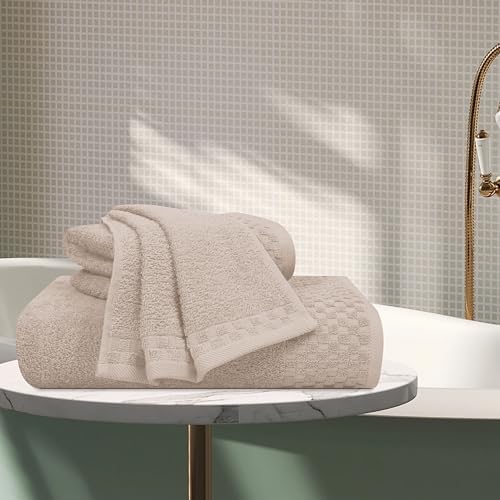 MyOwn Ultra Soft 3 Pack Cotton Towel Set, Contains a Bath Towels 28x55 inch, a Hand Towels 16x24 inch & a Wash Coths 12x12 inch, Ideal Everyday use, Compact & Lightweight - Tan