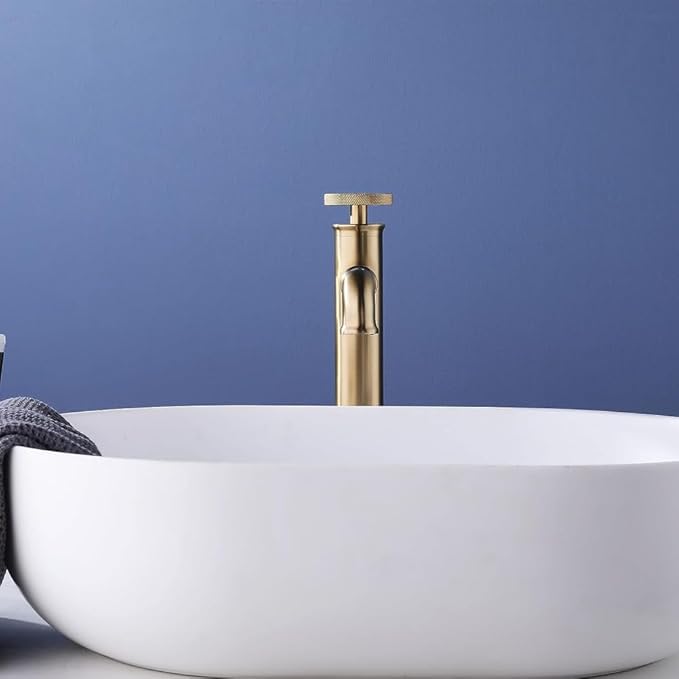 Industrial Bathroom Faucet Brass, Single Hole One Wheel Handle, Tall Deck Mounted Sink Cold and Hot Water Mixer Tap-Bright Gold(Brushed Gold)