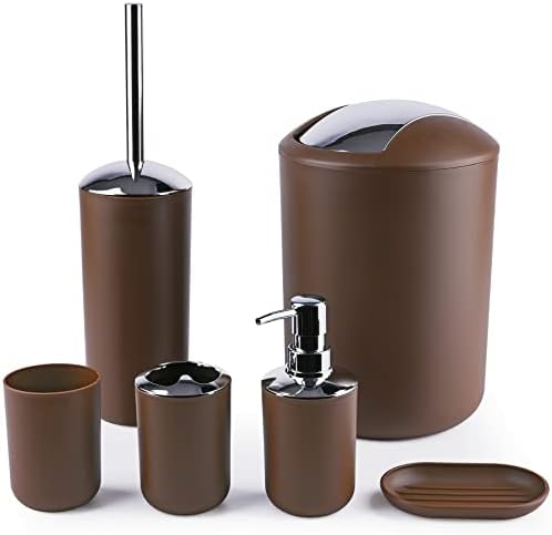 Compact 6-Piece Plastic Bathroom Accessories Set with Small Trash Can, Soap Dispenser, Toothbrush Holder, Cup, Soap Dish, Toilet Brush for Guest Bathroom Dorm Apartment (Coffee)