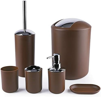 Compact 6-Piece Plastic Bathroom Accessories Set with Small Trash Can, Soap Dispenser, Toothbrush Holder, Cup, Soap Dish, Toilet Brush for Guest Bathroom Dorm Apartment (Coffee)
