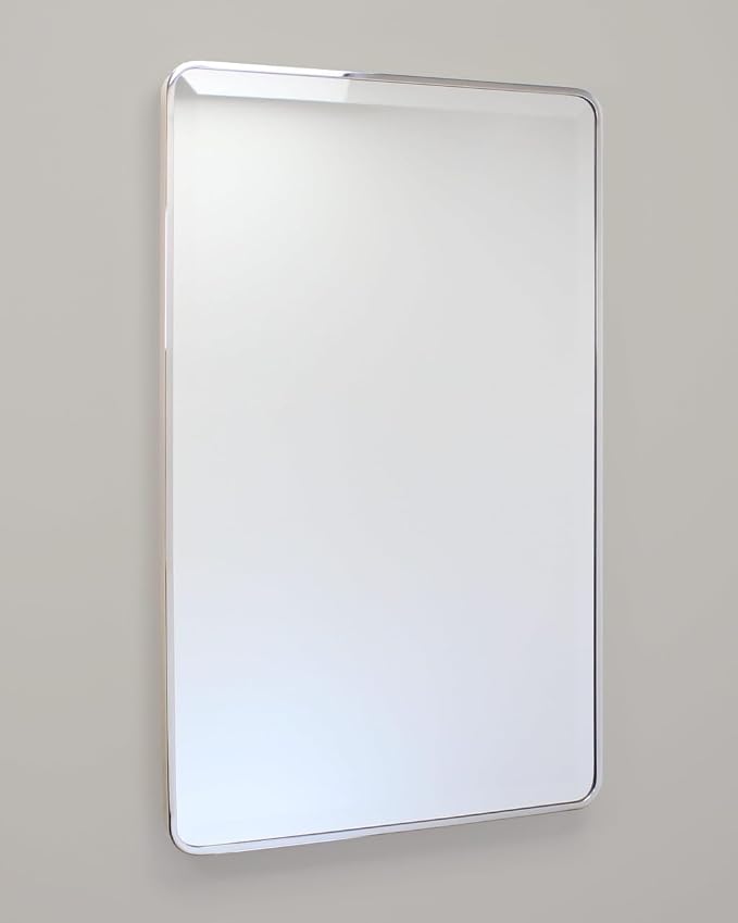 20x30 Austin Farmhouse Metal Framed Rounded Rectangle Recessed Bathroom Medicine Cabinet, Beveled Mirror, 18x28 in-Wall Opening, powder-coated Steel, Adjustable Glass Shelves, Magnet Close, Chrome