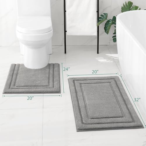 HOMEIDEAS Bathroom Rugs Sets 2 Piece, Super Soft and Absorbent Non Slip Microfiber U-Shaped Toilet Bath Mat Set (20"x32"+U20 x24, Grey)