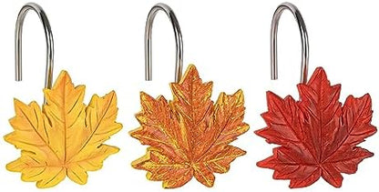 Sunlit Maple Leaf Shower Curtain Hooks for Fall Autumn, Home Decorative Shower Curtain Rings for Bathroom, Resin, Orange Red Maple Leaves Shower Curtain Hangers Hooks Bath Accessories, Set of 12