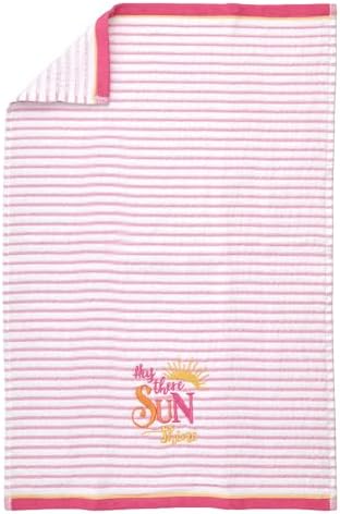 Ritz 2-Piece Cotton Velour Bathroom Hand Towel Set, Embroidered Hey Sunshine Design, Pink Pinstripe Decorative Bathroom Towels for Guest Bath, Kids Room, or Nursery, 16” x 26”