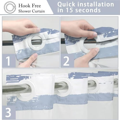 No Hook Shower Curtain with Liner, Navy Blue Stripe, 71x84 Inch