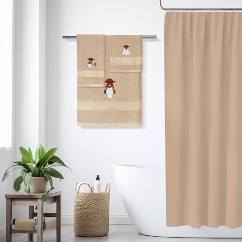 3 Pcs Highland Cow Bathroom Towel Set, Brown, 100% Cotton