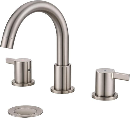 Two Handle 8inch Widespread Bathroom Faucet 3 Holes, Bathroom Sink Faucet with Metal Pop up Drain Assembly and cUPC Water Supply Lines, Brushed Nickel