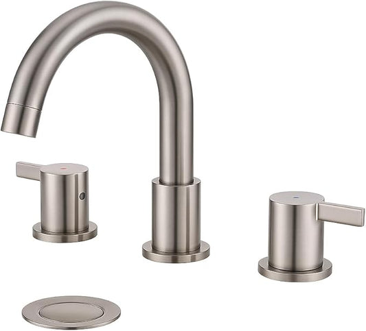 Two Handle 8inch Widespread Bathroom Faucet 3 Holes, Bathroom Sink Faucet with Metal Pop up Drain Assembly and cUPC Water Supply Lines, Brushed Nickel