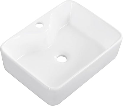 Vessel Sink 19"x15" Rectangular Bathroom Sink Modern White Porcelain Ceramic Above Counter Drop-in Vanity Sink for Bathrooms Art Basin with Faucet Hole