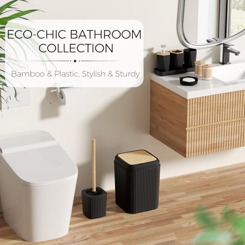 Black Bathroom Accessories Set with Shower Curtain and Rugs, 24-Piece Complete Bath Set with Trash Can, Soap Dispenser, Toilet Brush, and Qtip Holders, Famhouse Bamboo Modern Decor