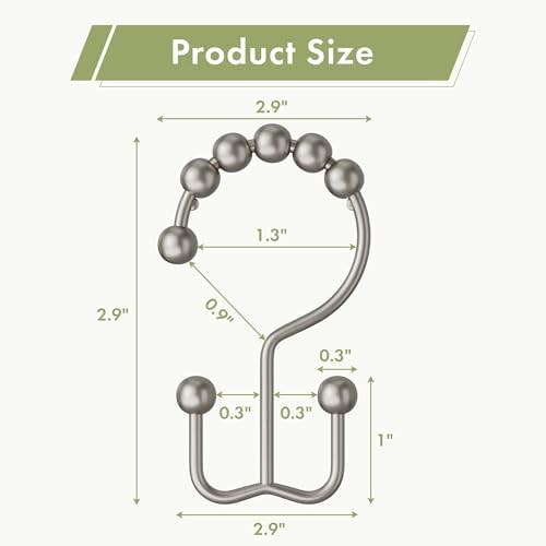 Amazer Shower Curtain Rings, Rust-Resistant Metal Double Shower Hooks for Curtain Rolling Shower Curtain Hooks Rings Shower Rings for Bathroom Shower Curtain Rod, Matte Nickel, Set of 12 Rings