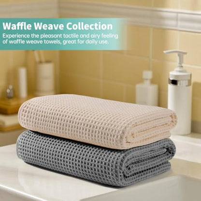 Microfiber Waffle Bath Towels, 4 Pieces, Soft, Absorbent, Fast Drying, Lint Free 430 GSM (27''x55''/68.58 cm x139.7 cm) (Gray+Champagne)