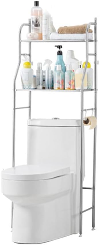 3-Tier Over The Toilet Storage, Over Toilet Bathroom Organizer, Freestanding Metal Bathroom Shelves, Over The Toilet Organizer with Hooks and Paper Holder, Space-Saving, White