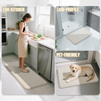 Yimobra Memory Foam Bathroom Rugs Sets 2 Piece - Super Soft Absorbent Quick Dry Bath Mat Set, Machine Washable Non Slip Floor Carpet for Tub Shower & Single Sink (17x24 & 31.5x20 Inch, Cream White)