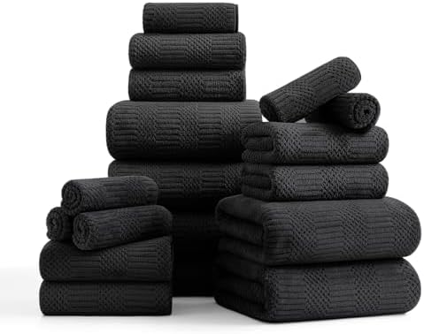 18 Pcs Black Woven Family Towels Set-6 Bath Sheets,6 Hand Towels,6 Washcloths Soft Polyester Towels Absorbent Shower Towel Quick Dry Beach Chair Towel Lint Less Towels Set for Bathroom Spa Gym Hotel