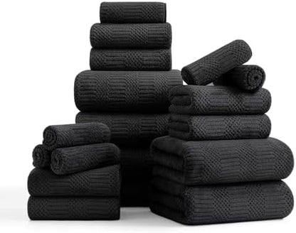 18 Pcs Black Woven Family Towels Set-6 Bath Sheets,6 Hand Towels,6 Washcloths Soft Polyester Towels Absorbent Shower Towel Quick Dry Beach Chair Towel Lint Less Towels Set for Bathroom Spa Gym Hotel
