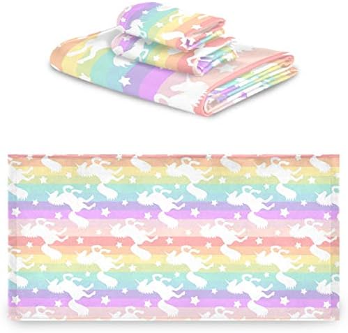Naanle Beautiful Rainbow Stripe Unicorn Stars Soft Luxury Decorative 3 Pieces Set Towels, 1 Bath Towel+1 Hand Towel+1 Washcloth, Multipurpose for Bathroom, Hotel, Gym, Spa and Beach