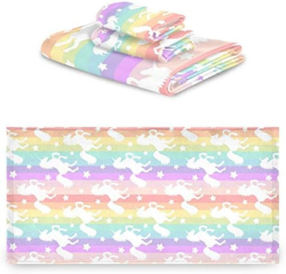 Naanle Beautiful Rainbow Stripe Unicorn Stars Soft Luxury Decorative 3 Pieces Set Towels, 1 Bath Towel+1 Hand Towel+1 Washcloth, Multipurpose for Bathroom, Hotel, Gym, Spa and Beach