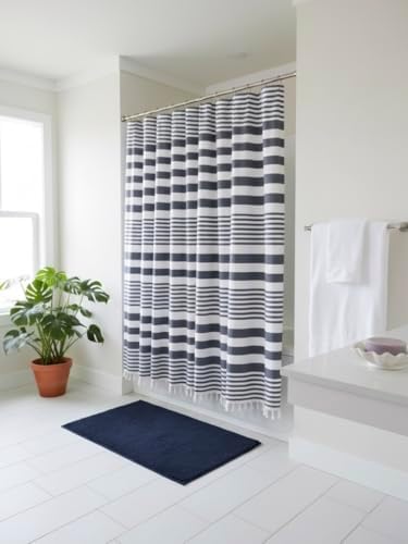 Serafina Home Denim Blue & White Striped Cotton Shower Curtain with Fringe