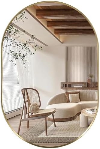 Gold Oval Mirror, 22"x30" Oval Bathroom Mirror, Vanity Mirror with Brushed Metal Frame, Wall Mount Mirrors Decor for Bathroom, Bedroom, Entryway, Living Room(Hangs Horizontally or Vertically)
