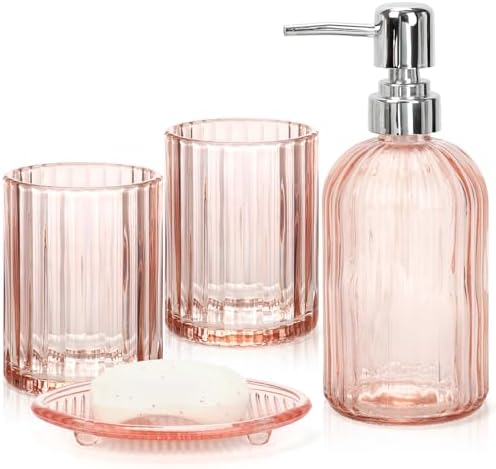 Glass Bathroom Accessories Set, 4Pcs Bathroom Accessories Sets Complete Lotion Soap Dispenser, Toothbrush Holder, Mouthwash Cup, Soap Dish for Bath Decor, Countertop Vanity Organizer (Pink)