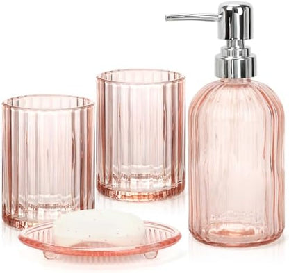 Glass Bathroom Accessories Set, 4Pcs Bathroom Accessories Sets Complete Lotion Soap Dispenser, Toothbrush Holder, Mouthwash Cup, Soap Dish for Bath Decor, Countertop Vanity Organizer (Pink)
