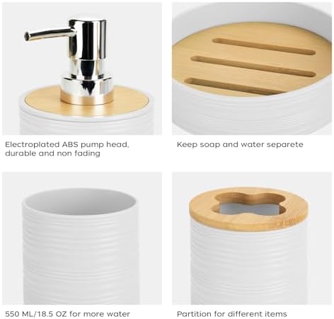 4PCS White Bathroom Set, Soap Dispenser, Dish & Bamboo Holder, Rustic