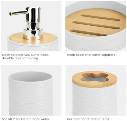 4PCS White Bathroom Set, Soap Dispenser, Dish & Bamboo Holder, Rustic